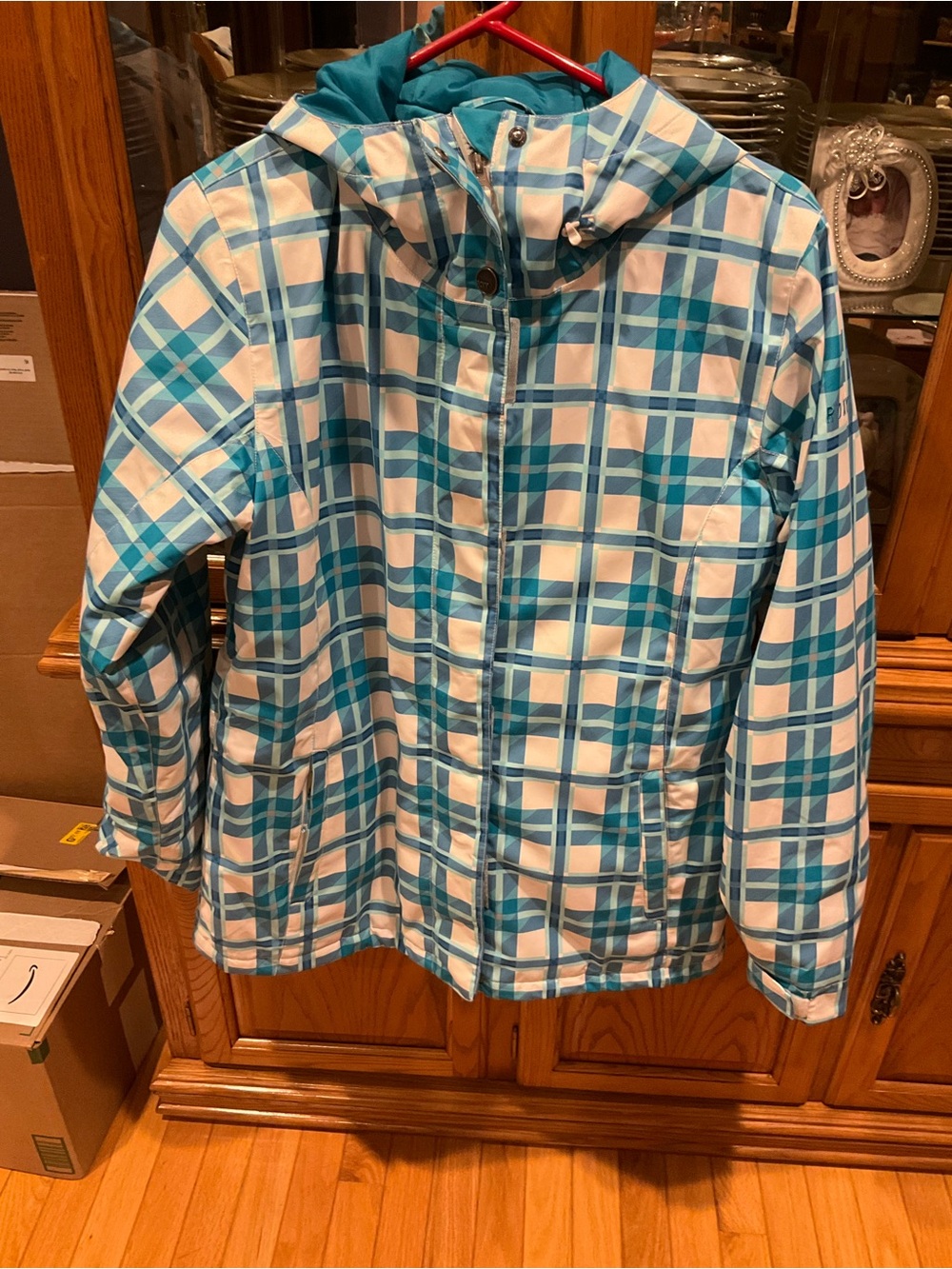 Roxy Girls Womens Teal and White Plaid Hooded Ski Snow Jacket Large
